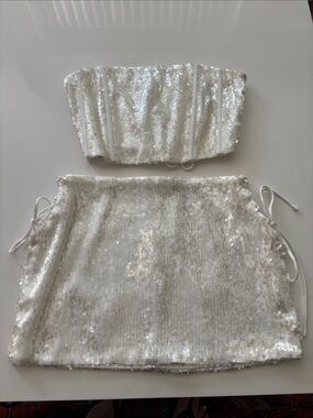 Forever 21 White Sequin Strapless Bandeau & Skirt Set